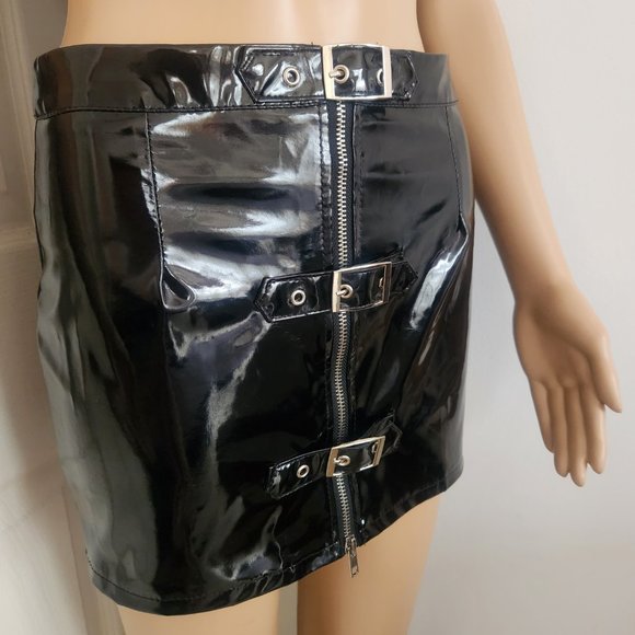 Wet Look PVC Mini Skirt Latex Fetish Clubwear Vinyl Buckles Zipper Size S - Picture 7 of 16